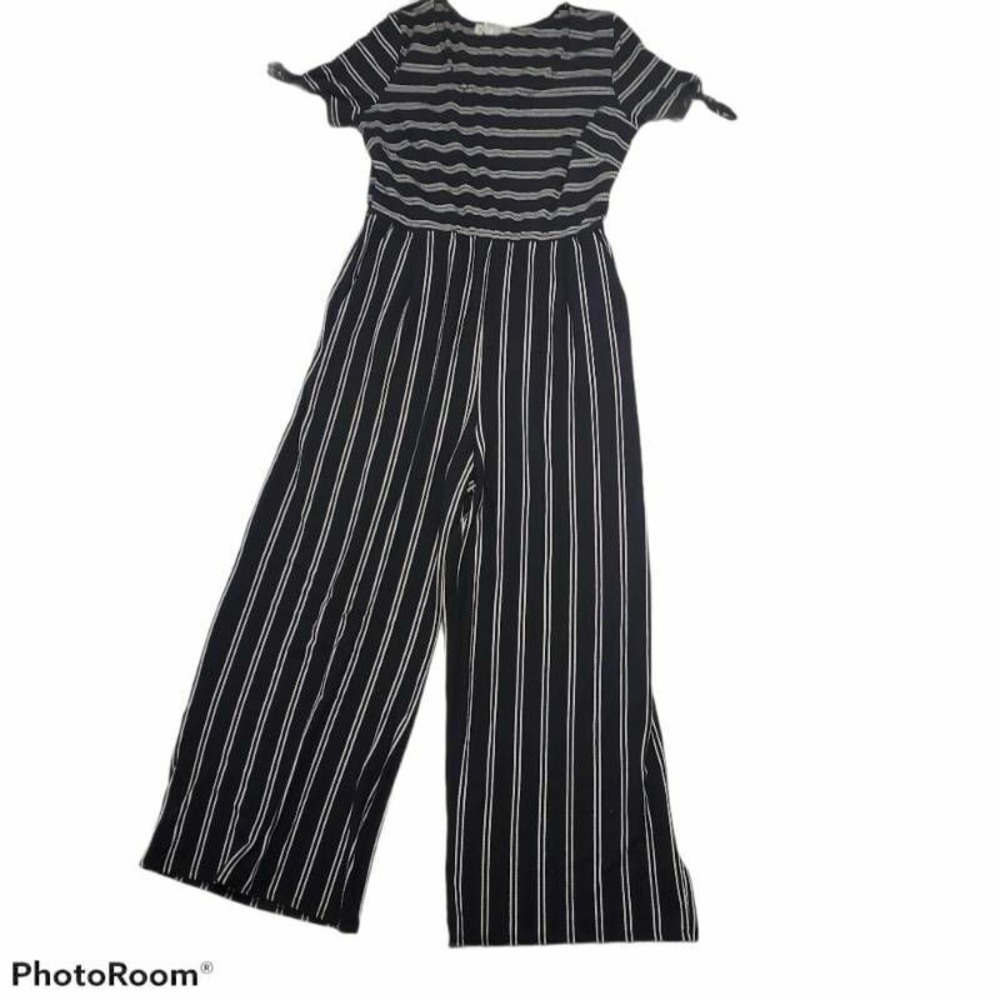 Jolt Womens Jumpsuit Black White Stripe Knit Stretch Scoop Neck Short Sleeve M